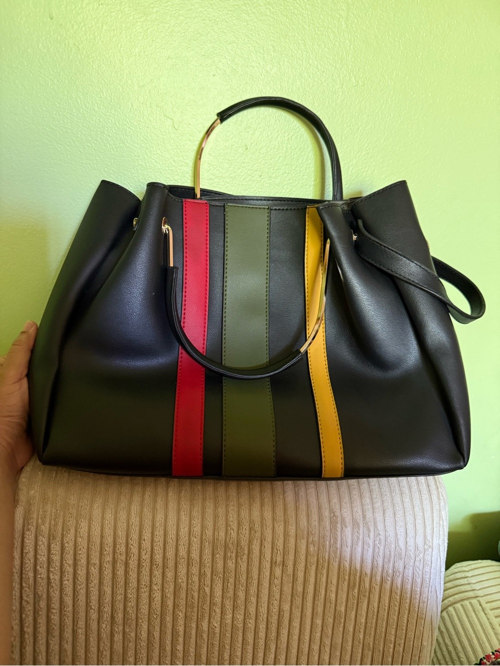 Black Tote Bag with Red, Olive and Yellow Stripes